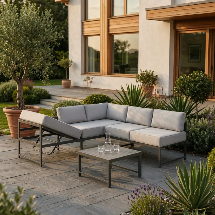 Nowoczesny, szary kącik wypoczynkowy ze stolikiem kawowym na kamiennym tarasie przed budynkiem mieszkalnym.