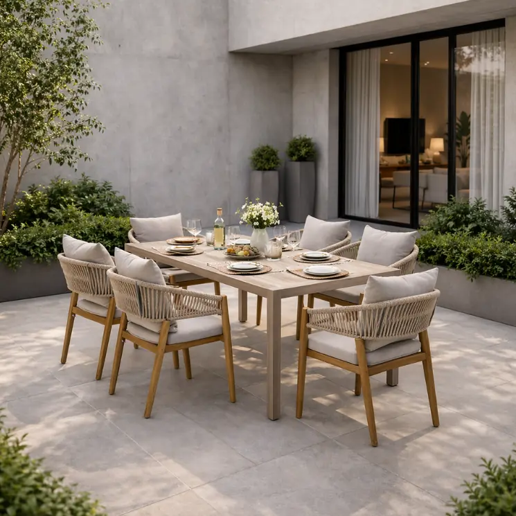 Drewniany stół z sześcioma krzesłami z plecionki linowej na jasnym, nowoczesnym tarasie.
