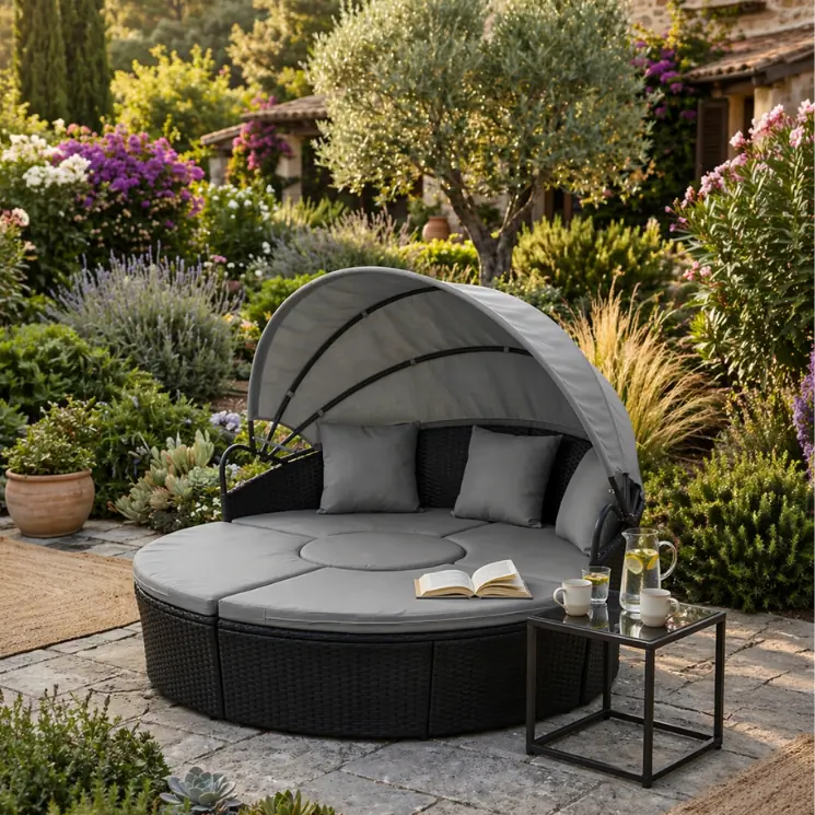 Okrągła, ciemna altana z szarym baldachimem w kwitnącym ogrodzie.