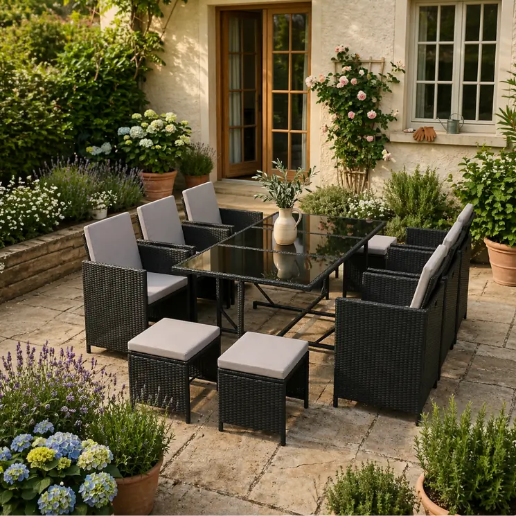 Czarny zestaw ogrodowy z polirattanu ze szklanym blatem i stołkami w idyllicznym ogrodzie.