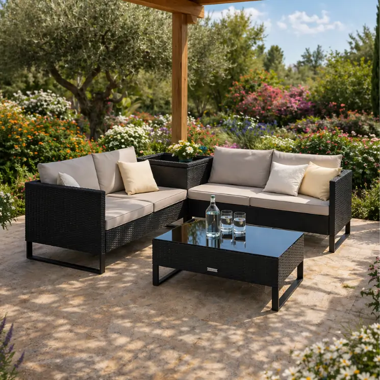 Narożny zestaw wypoczynkowy z czarnej plecionej tkaniny z jasnymi poduszkami i dopasowanym stolikiem kawowym.